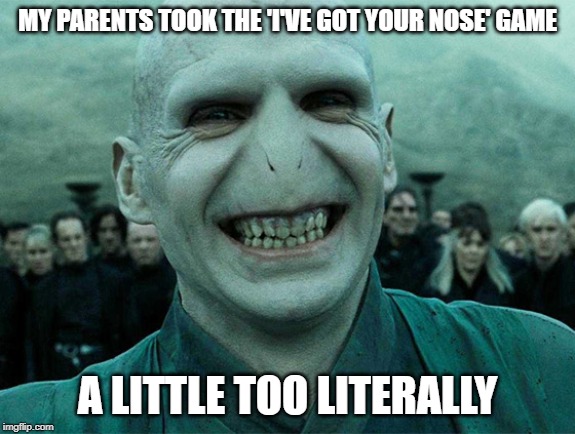 Voldermort funny | MY PARENTS TOOK THE 'I'VE GOT YOUR NOSE' GAME; A LITTLE TOO LITERALLY | image tagged in voldermort funny | made w/ Imgflip meme maker