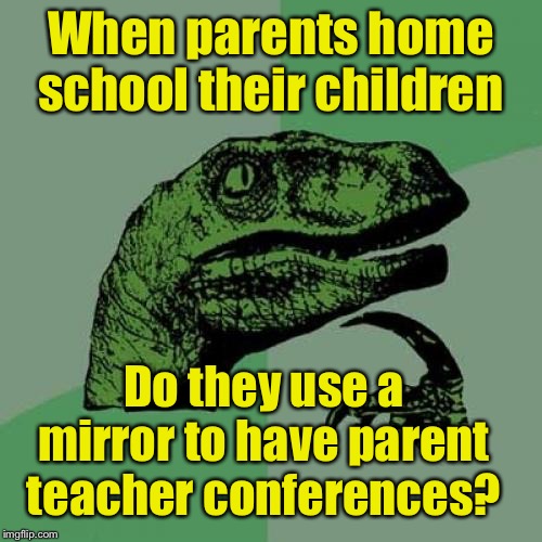Philosoraptor | When parents home school their children; Do they use a mirror to have parent teacher conferences? | image tagged in memes,philosoraptor | made w/ Imgflip meme maker