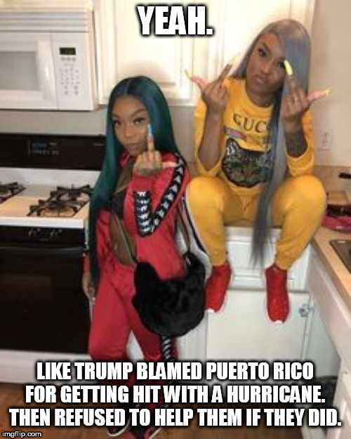 YEAH. LIKE TRUMP BLAMED PUERTO RICO FOR GETTING HIT WITH A HURRICANE. THEN REFUSED TO HELP THEM IF THEY DID. | made w/ Imgflip meme maker