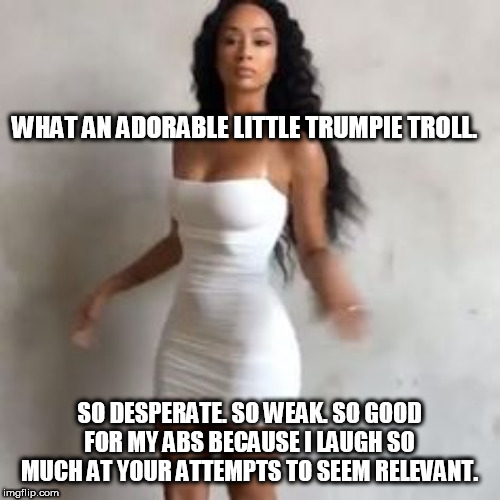 WHAT AN ADORABLE LITTLE TRUMPIE TROLL. SO DESPERATE. SO WEAK. SO GOOD FOR MY ABS BECAUSE I LAUGH SO MUCH AT YOUR ATTEMPTS TO SEEM RELEVANT. | made w/ Imgflip meme maker