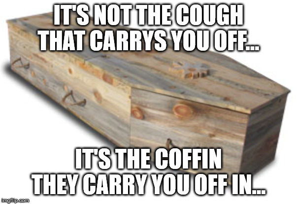 Coffin | IT'S NOT THE COUGH THAT CARRYS YOU OFF... IT'S THE COFFIN THEY CARRY YOU OFF IN... | image tagged in coffin | made w/ Imgflip meme maker