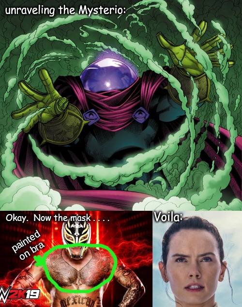Trying a triple crossover . . . . | unraveling the Mysterio:; Okay.  Now the mask . . . . Voila:; painted on bra | image tagged in memes,media | made w/ Imgflip meme maker