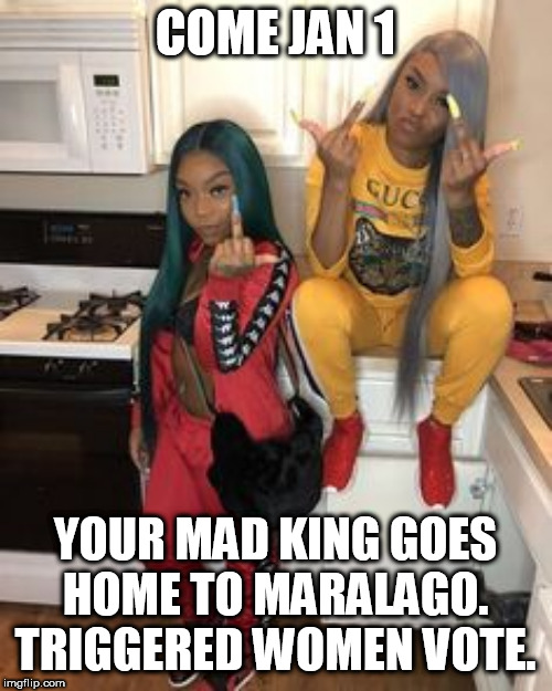 COME JAN 1; YOUR MAD KING GOES HOME TO MARALAGO. TRIGGERED WOMEN VOTE. | made w/ Imgflip meme maker
