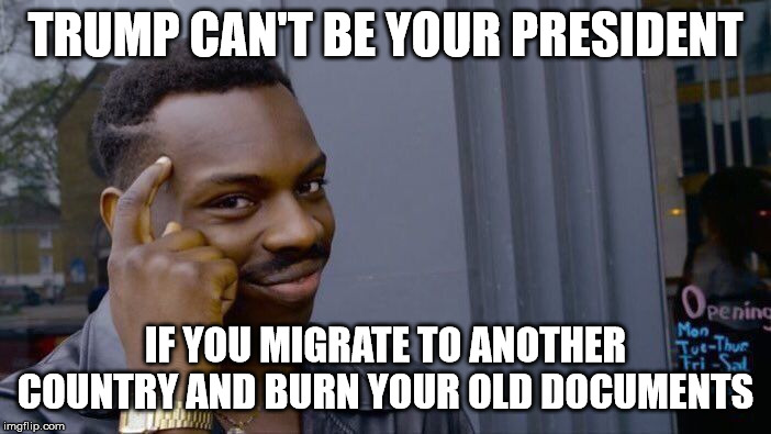 Roll Safe Think About It | TRUMP CAN'T BE YOUR PRESIDENT; IF YOU MIGRATE TO ANOTHER COUNTRY AND BURN YOUR OLD DOCUMENTS | image tagged in memes,roll safe think about it | made w/ Imgflip meme maker