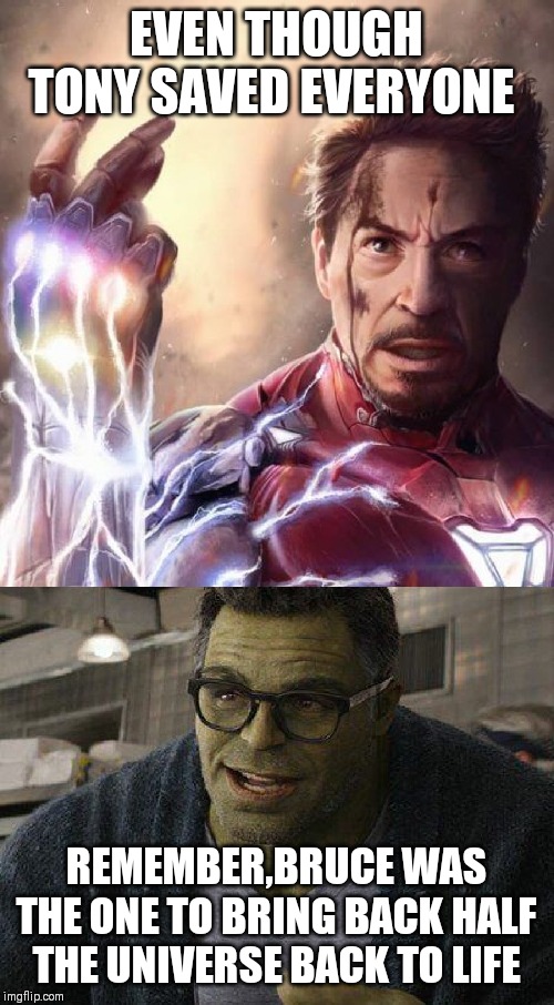 EVEN THOUGH TONY SAVED EVERYONE; REMEMBER,BRUCE WAS THE ONE TO BRING BACK HALF THE UNIVERSE BACK TO LIFE | made w/ Imgflip meme maker