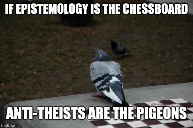 Pigeon Shitting on Chess Board | IF EPISTEMOLOGY IS THE CHESSBOARD; ANTI-THEISTS ARE THE PIGEONS | image tagged in pigeon shitting on chess board | made w/ Imgflip meme maker