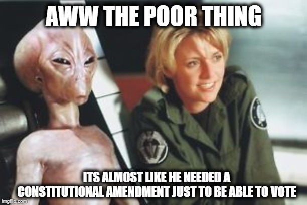 AWW THE POOR THING ITS ALMOST LIKE HE NEEDED A CONSTITUTIONAL AMENDMENT JUST TO BE ABLE TO VOTE | made w/ Imgflip meme maker