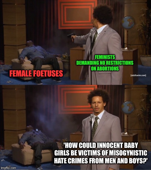 Who Killed Hannibal Meme | FEMINISTS DEMANDING NO RESTRICTIONS ON ABORTIONS; FEMALE FOETUSES; 'HOW COULD INNOCENT BABY GIRLS BE VICTIMS OF MISOGYNISTIC HATE CRIMES FROM MEN AND BOYS?' | image tagged in memes,who killed hannibal | made w/ Imgflip meme maker
