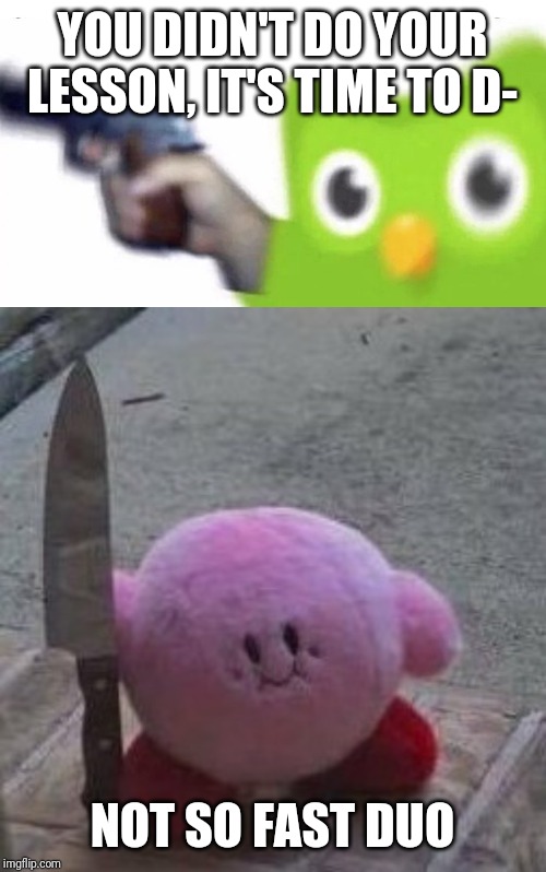 YOU DIDN'T DO YOUR LESSON, IT'S TIME TO D-; NOT SO FAST DUO | image tagged in creepy kirby,duolingo gun,duolingo,memes | made w/ Imgflip meme maker