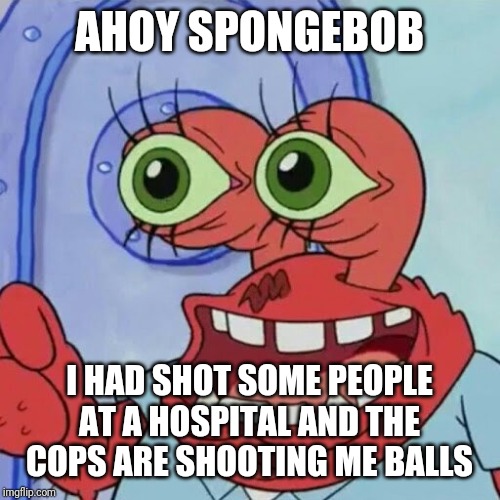 AHOY SPONGEBOB | AHOY SPONGEBOB; I HAD SHOT SOME PEOPLE AT A HOSPITAL AND THE COPS ARE SHOOTING ME BALLS | image tagged in ahoy spongebob,memes | made w/ Imgflip meme maker