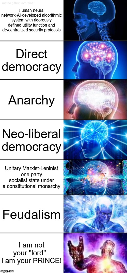 7-Tier Expanding Brain | Human-neural network-AI-developed algorithmic system with rigorously defined utility function and de-centralized security protocols; Direct democracy; Anarchy; Neo-liberal democracy; Unitary Marxist-Leninist one party socialist state under a constitutional monarchy; Feudalism; I am not your "lord". 
I am your PRINCE! | image tagged in 7-tier expanding brain | made w/ Imgflip meme maker