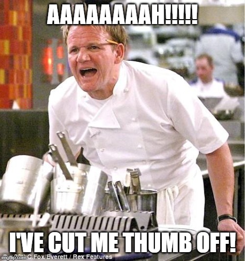 Just Desserts | AAAAAAAAH!!!!! I'VE CUT ME THUMB OFF! | image tagged in memes,chef gordon ramsay,get over yourself,malignant narcissist | made w/ Imgflip meme maker