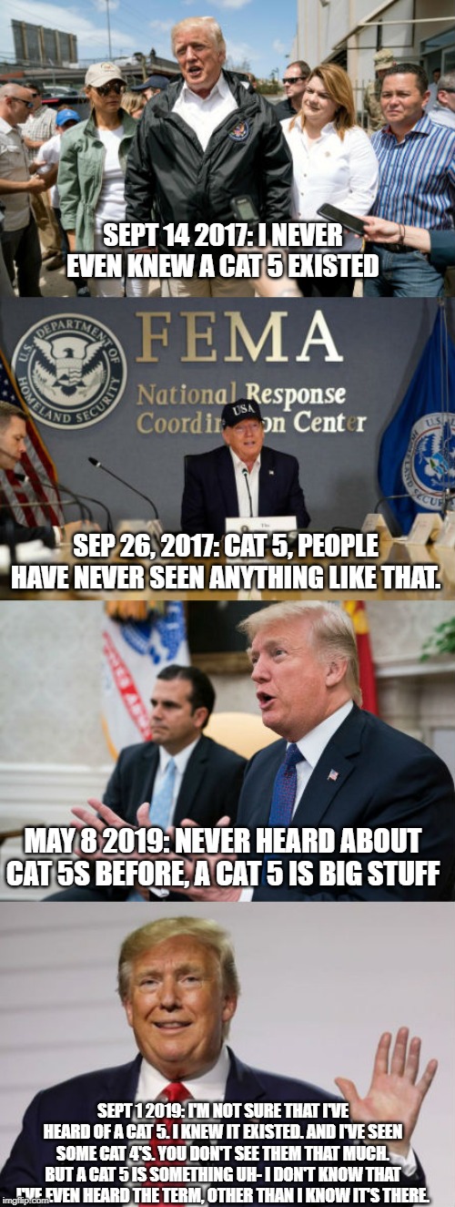 President Very Stable Genius has the best brain | SEPT 14 2017: I NEVER EVEN KNEW A CAT 5 EXISTED; SEP 26, 2017: CAT 5, PEOPLE HAVE NEVER SEEN ANYTHING LIKE THAT. MAY 8 2019: NEVER HEARD ABOUT CAT 5S BEFORE, A CAT 5 IS BIG STUFF; SEPT 1 2019: I'M NOT SURE THAT I'VE HEARD OF A CAT 5. I KNEW IT EXISTED. AND I'VE SEEN SOME CAT 4'S. YOU DON'T SEE THEM THAT MUCH. BUT A CAT 5 IS SOMETHING UH- I DON'T KNOW THAT I'VE EVEN HEARD THE TERM, OTHER THAN I KNOW IT'S THERE. | image tagged in donald trump,donald trump is an idiot,hurricane,conservative | made w/ Imgflip meme maker