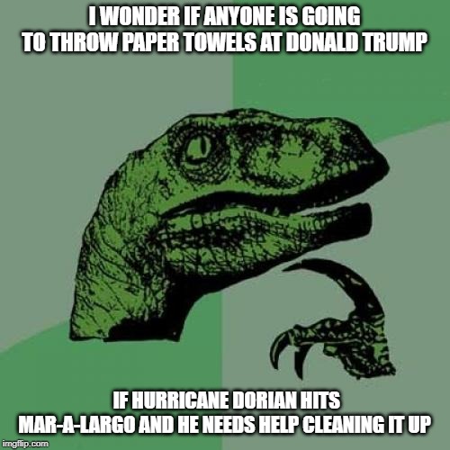 Philosoraptor | I WONDER IF ANYONE IS GOING TO THROW PAPER TOWELS AT DONALD TRUMP; IF HURRICANE DORIAN HITS MAR-A-LARGO AND HE NEEDS HELP CLEANING IT UP | image tagged in memes,philosoraptor | made w/ Imgflip meme maker