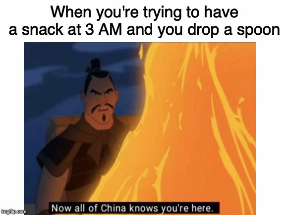 That's how it feels! | When you're trying to have a snack at 3 AM and you drop a spoon | image tagged in memes,funny,dank memes,mulan | made w/ Imgflip meme maker
