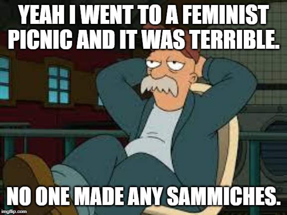 yep futurama | YEAH I WENT TO A FEMINIST PICNIC AND IT WAS TERRIBLE. NO ONE MADE ANY SAMMICHES. | image tagged in yep futurama | made w/ Imgflip meme maker