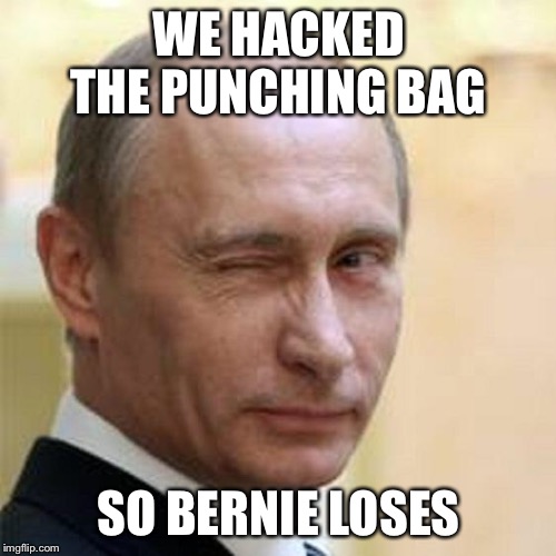 Putin Winking | WE HACKED THE PUNCHING BAG SO BERNIE LOSES | image tagged in putin winking | made w/ Imgflip meme maker