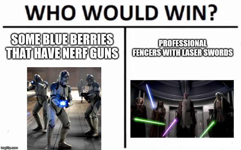 Who Would Win? Meme | SOME BLUE BERRIES THAT HAVE NERF GUNS; PROFESSIONAL FENCERS WITH LASER SWORDS | image tagged in memes,who would win | made w/ Imgflip meme maker