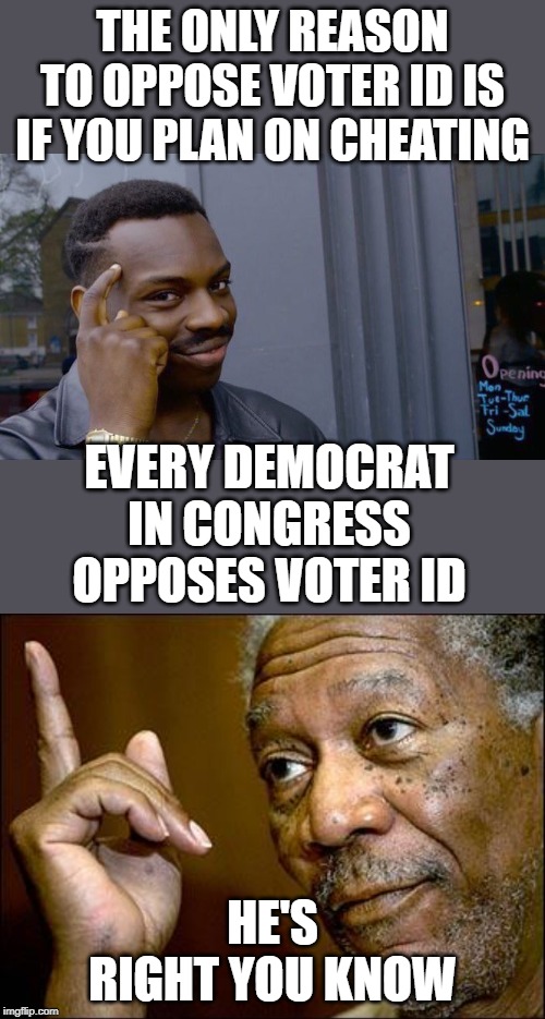 Kinda explains it. | THE ONLY REASON TO OPPOSE VOTER ID IS IF YOU PLAN ON CHEATING; EVERY DEMOCRAT IN CONGRESS OPPOSES VOTER ID; HE'S RIGHT YOU KNOW | image tagged in this morgan freeman,memes,roll safe think about it | made w/ Imgflip meme maker