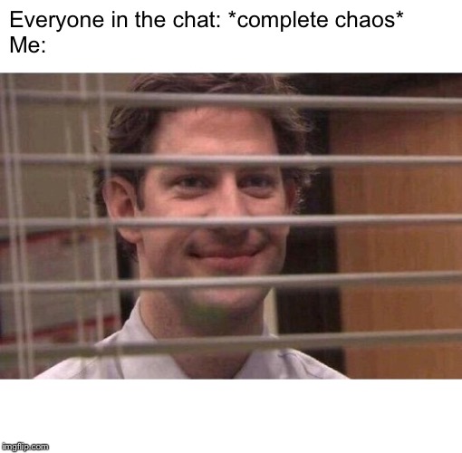 Jim Office Blinds | Everyone in the chat: *complete chaos*
Me: | image tagged in jim office blinds | made w/ Imgflip meme maker