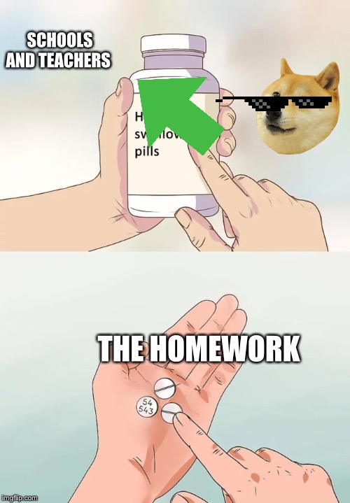 Hard To Swallow Pills Meme | SCHOOLS AND TEACHERS; THE HOMEWORK | image tagged in memes,hard to swallow pills | made w/ Imgflip meme maker