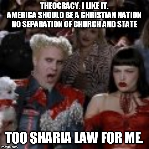 THEOCRACY. I LIKE IT. AMERICA SHOULD BE A CHRISTIAN NATION NO SEPARATION OF CHURCH AND STATE; TOO SHARIA LAW FOR ME. | made w/ Imgflip meme maker