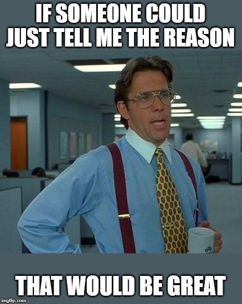 That Would Be Great Meme | IF SOMEONE COULD JUST TELL ME THE REASON THAT WOULD BE GREAT | image tagged in memes,that would be great | made w/ Imgflip meme maker