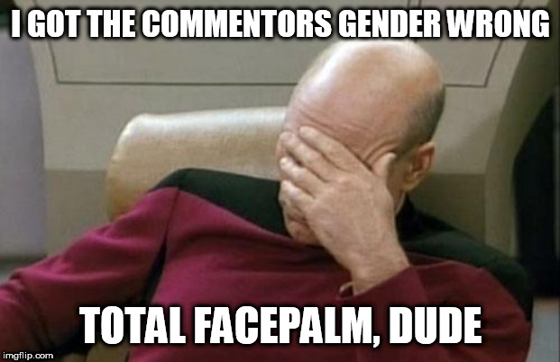 Captain Picard Facepalm | I GOT THE COMMENTORS GENDER WRONG; TOTAL FACEPALM, DUDE | image tagged in memes,captain picard facepalm | made w/ Imgflip meme maker