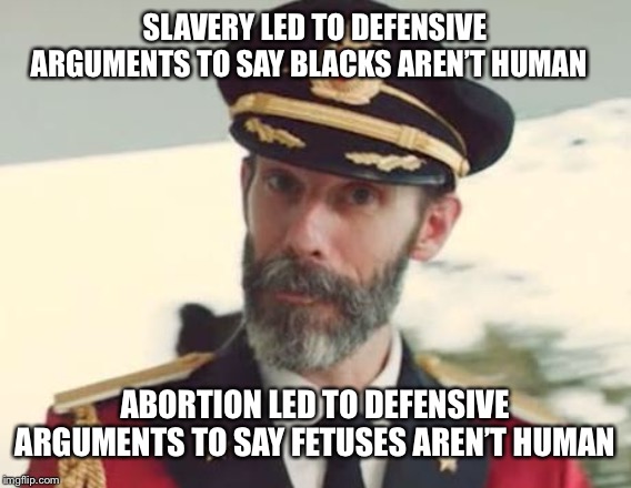 That’s why abortion should not be used as a pleasure for the mother, as slavery was used as a pleasure for slave owners | SLAVERY LED TO DEFENSIVE ARGUMENTS TO SAY BLACKS AREN’T HUMAN; ABORTION LED TO DEFENSIVE ARGUMENTS TO SAY FETUSES AREN’T HUMAN | image tagged in captain obvious | made w/ Imgflip meme maker