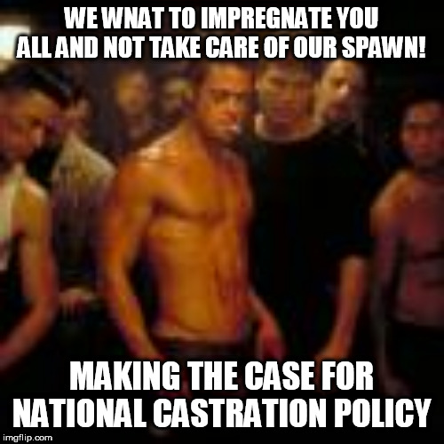 WE WNAT TO IMPREGNATE YOU ALL AND NOT TAKE CARE OF OUR SPAWN! MAKING THE CASE FOR NATIONAL CASTRATION POLICY | made w/ Imgflip meme maker