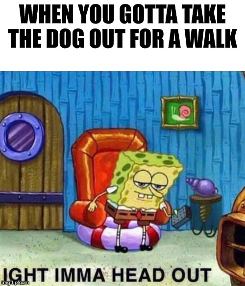 Spongebob Ight Imma Head Out | WHEN YOU GOTTA TAKE THE DOG OUT FOR A WALK | image tagged in spongebob ight imma head out | made w/ Imgflip meme maker