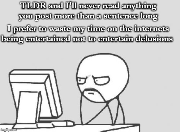 When some leftist posts a dissertation length tirade about _____ in response to a meme! | TLDR and I'll never read anything you post more than a sentence long; I prefer to waste my time on the internets being entertained not to entertain delusions | image tagged in memes,computer guy,tldr,leftists,politics,delusional | made w/ Imgflip meme maker