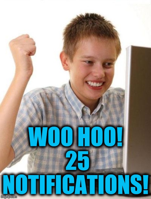 First Day On The Internet Kid Meme | WOO HOO!  25 NOTIFICATIONS! | image tagged in memes,first day on the internet kid | made w/ Imgflip meme maker