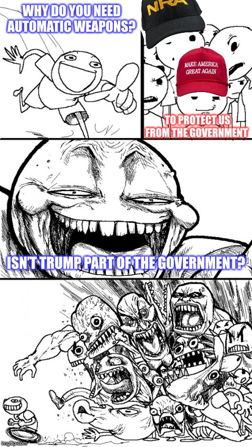 Political Hypocrisy | WHY DO YOU NEED AUTOMATIC WEAPONS? TO PROTECT US FROM THE GOVERNMENT; ISN’T TRUMP PART OF THE GOVERNMENT? | image tagged in memes,troll,nra,trump,maga,hypocrisy | made w/ Imgflip meme maker