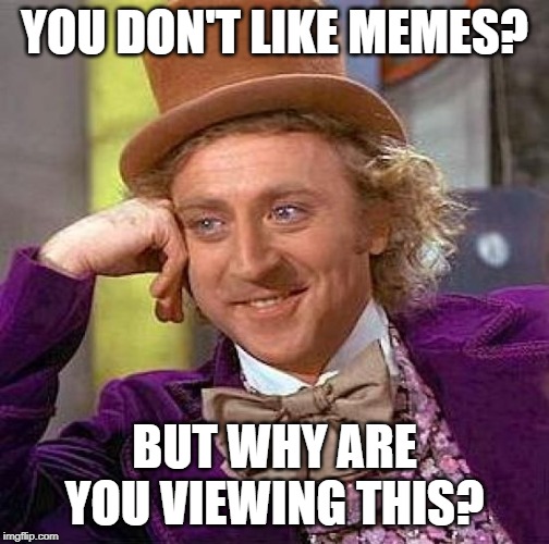 Creepy Condescending Wonka Meme | YOU DON'T LIKE MEMES? BUT WHY ARE YOU VIEWING THIS? | image tagged in memes,creepy condescending wonka | made w/ Imgflip meme maker
