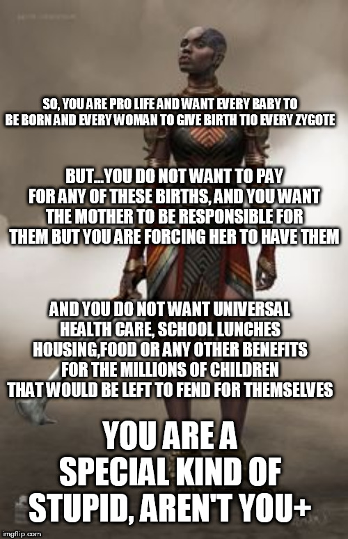 SO, YOU ARE PRO LIFE AND WANT EVERY BABY TO BE BORN AND EVERY WOMAN TO GIVE BIRTH TIO EVERY ZYGOTE; BUT...YOU DO NOT WANT TO PAY FOR ANY OF THESE BIRTHS, AND YOU WANT THE MOTHER TO BE RESPONSIBLE FOR THEM BUT YOU ARE FORCING HER TO HAVE THEM; AND YOU DO NOT WANT UNIVERSAL HEALTH CARE, SCHOOL LUNCHES HOUSING,FOOD OR ANY OTHER BENEFITS FOR THE MILLIONS OF CHILDREN THAT WOULD BE LEFT TO FEND FOR THEMSELVES; YOU ARE A SPECIAL KIND OF STUPID, AREN'T YOU+ | made w/ Imgflip meme maker