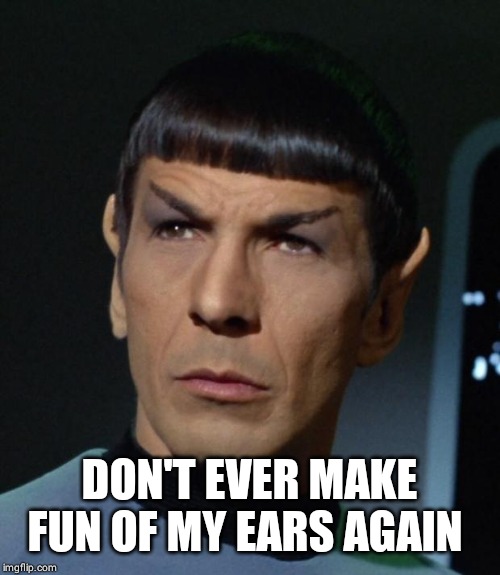 Spock | DON'T EVER MAKE FUN OF MY EARS AGAIN | image tagged in spock | made w/ Imgflip meme maker