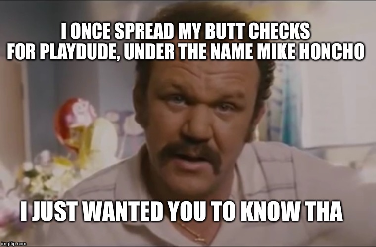 Mike honcho | I JUST WANTED YOU TO KNOW THA I ONCE SPREAD MY BUTT CHECKS FOR PLAYDUDE, UNDER THE NAME MIKE HONCHO | image tagged in mike honcho | made w/ Imgflip meme maker