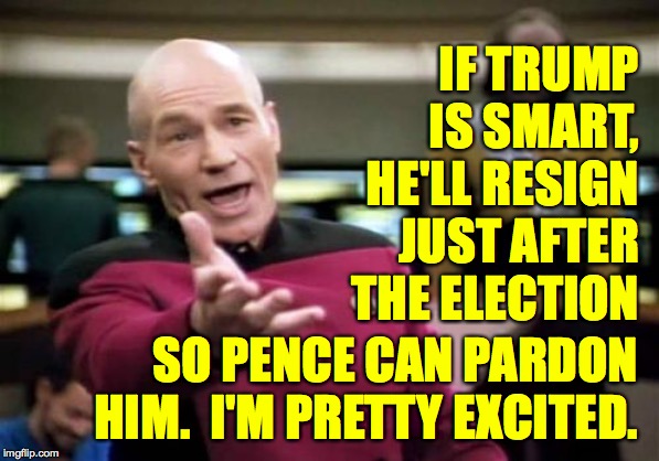 Read it again  ( : | IF TRUMP IS SMART, HE'LL RESIGN JUST AFTER THE ELECTION; SO PENCE CAN PARDON HIM.  I'M PRETTY EXCITED. | image tagged in memes,picard wtf,trump,exciting | made w/ Imgflip meme maker