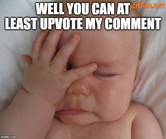 Face palm baby | WELL YOU CAN AT LEAST UPVOTE MY COMMENT | image tagged in face palm baby | made w/ Imgflip meme maker
