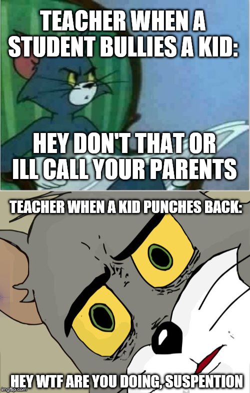 TEACHER WHEN A STUDENT BULLIES A KID:; HEY DON'T THAT OR ILL CALL YOUR PARENTS; TEACHER WHEN A KID PUNCHES BACK:; HEY WTF ARE YOU DOING, SUSPENTION | image tagged in interrupting tom's read,memes,unsettled tom | made w/ Imgflip meme maker