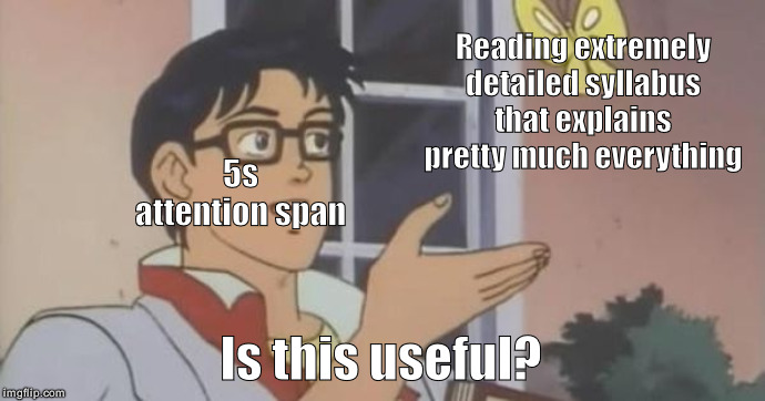 Is This a Pigeon | Reading extremely detailed syllabus that explains pretty much everything; 5s attention span; Is this useful? | image tagged in is this a pigeon | made w/ Imgflip meme maker