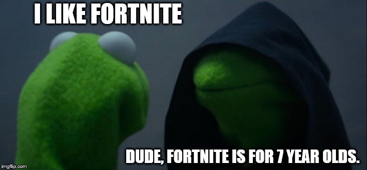 Evil Kermit | I LIKE FORTNITE; DUDE, FORTNITE IS FOR 7 YEAR OLDS. | image tagged in memes,evil kermit | made w/ Imgflip meme maker