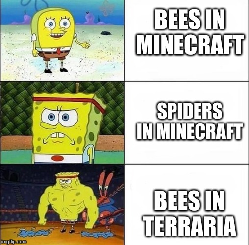 Spongebob getting strong | BEES IN MINECRAFT; SPIDERS IN MINECRAFT; BEES IN TERRARIA | image tagged in spongebob getting strong | made w/ Imgflip meme maker