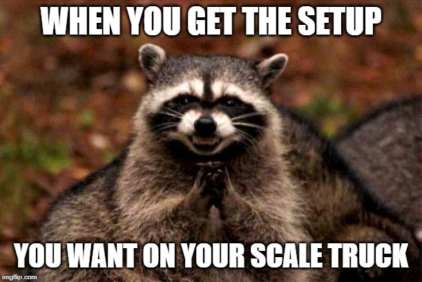 Evil Plotting Raccoon | WHEN YOU GET THE SETUP; YOU WANT ON YOUR SCALE TRUCK | image tagged in memes,evil plotting raccoon | made w/ Imgflip meme maker