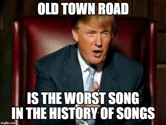 Donald Trump | OLD TOWN ROAD; IS THE WORST SONG IN THE HISTORY OF SONGS | image tagged in donald trump | made w/ Imgflip meme maker