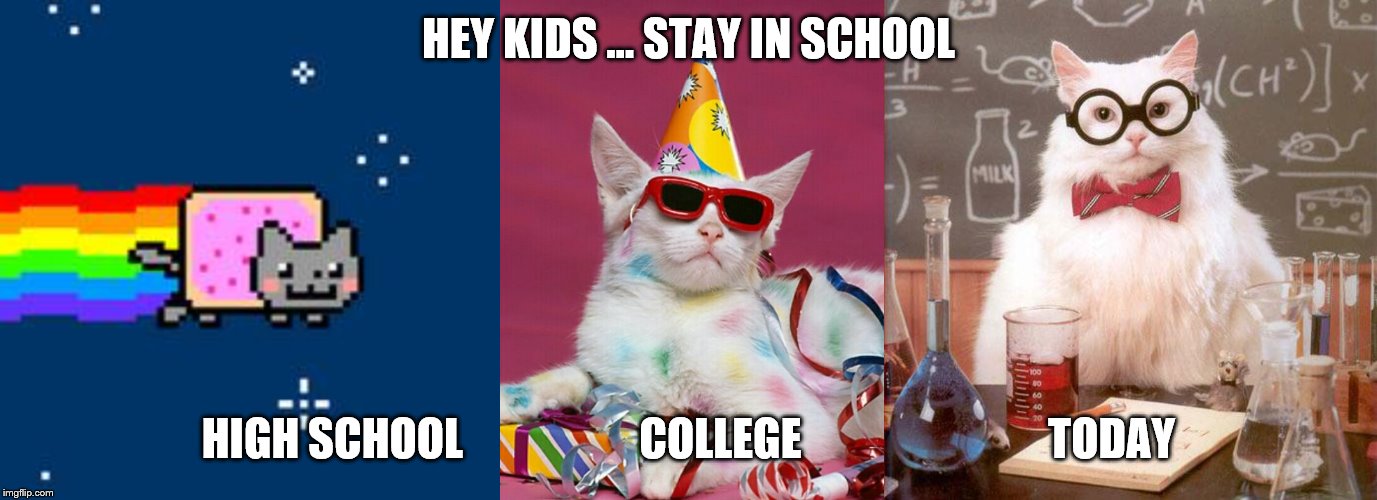 stay in school | HEY KIDS ... STAY IN SCHOOL; HIGH SCHOOL                    COLLEGE                            TODAY | image tagged in school | made w/ Imgflip meme maker