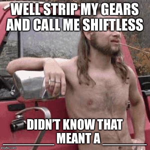 almost redneck | WELL STRIP MY GEARS AND CALL ME SHIFTLESS DIDN’T KNOW THAT _______ MEANT A ______ | image tagged in almost redneck | made w/ Imgflip meme maker