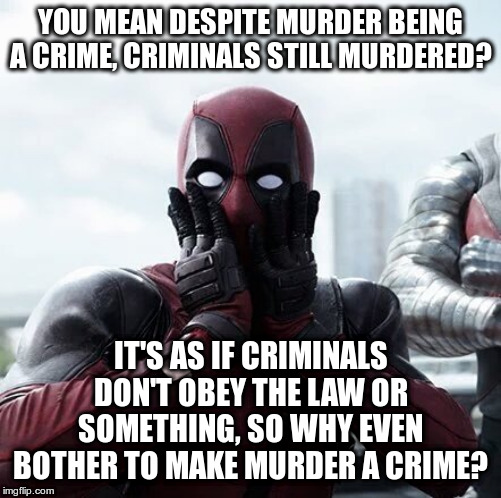 Deadpool Surprised Meme | YOU MEAN DESPITE MURDER BEING A CRIME, CRIMINALS STILL MURDERED? IT'S AS IF CRIMINALS DON'T OBEY THE LAW OR SOMETHING, SO WHY EVEN BOTHER TO | image tagged in memes,deadpool surprised | made w/ Imgflip meme maker