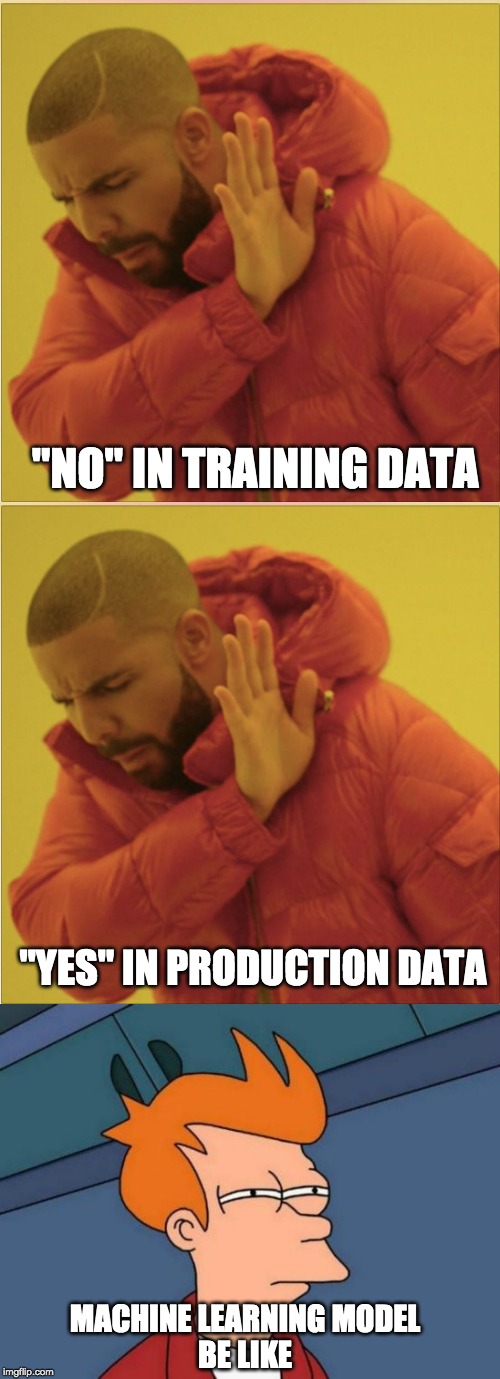 Dirty data | "NO" IN TRAINING DATA; "YES" IN PRODUCTION DATA; MACHINE LEARNING MODEL
BE LIKE | image tagged in memes,futurama fry,drake double disapprove,machinelearning,data,training | made w/ Imgflip meme maker